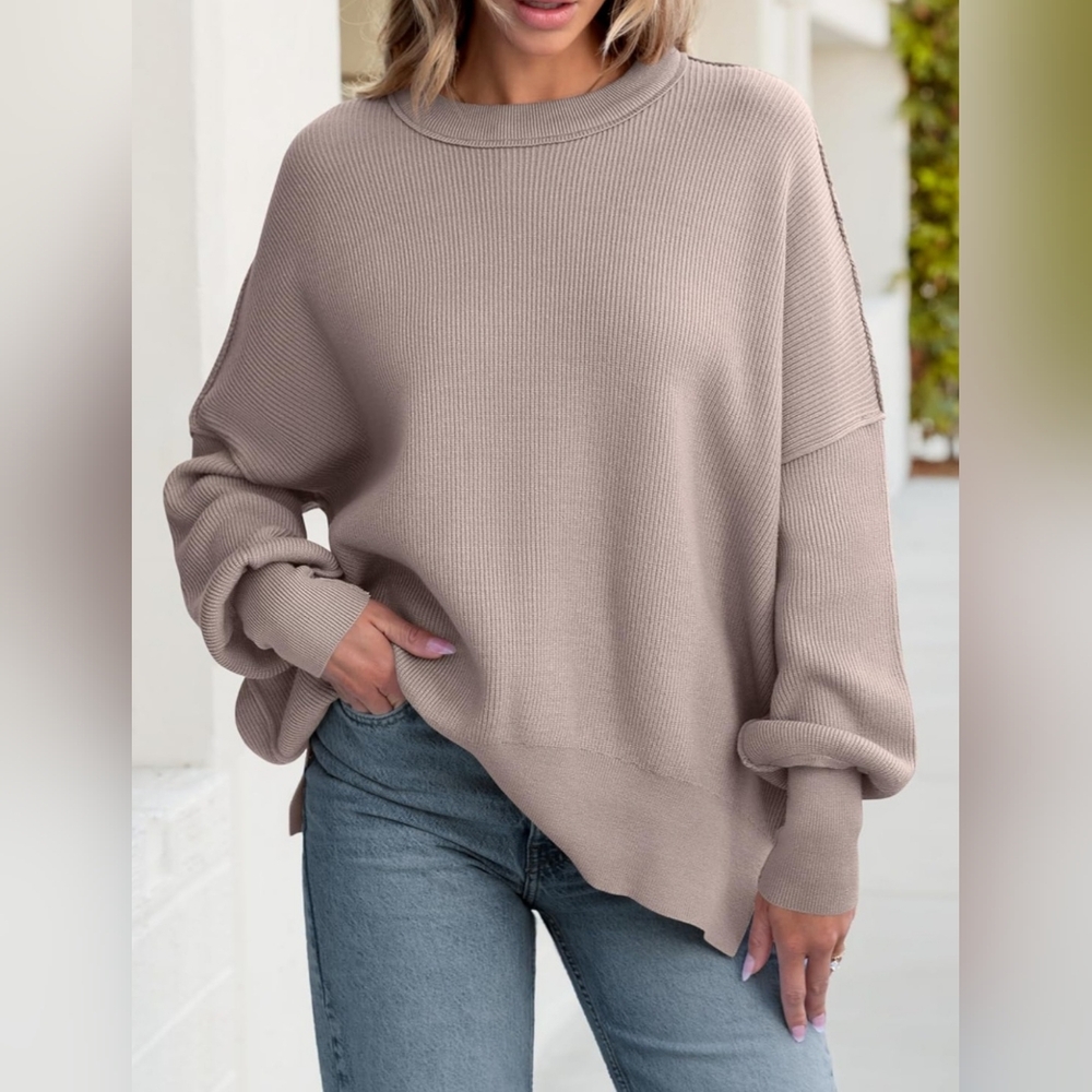 ANRABESS Women Crewneck Long Sleeve Fall Oversized Ribbed Sweater